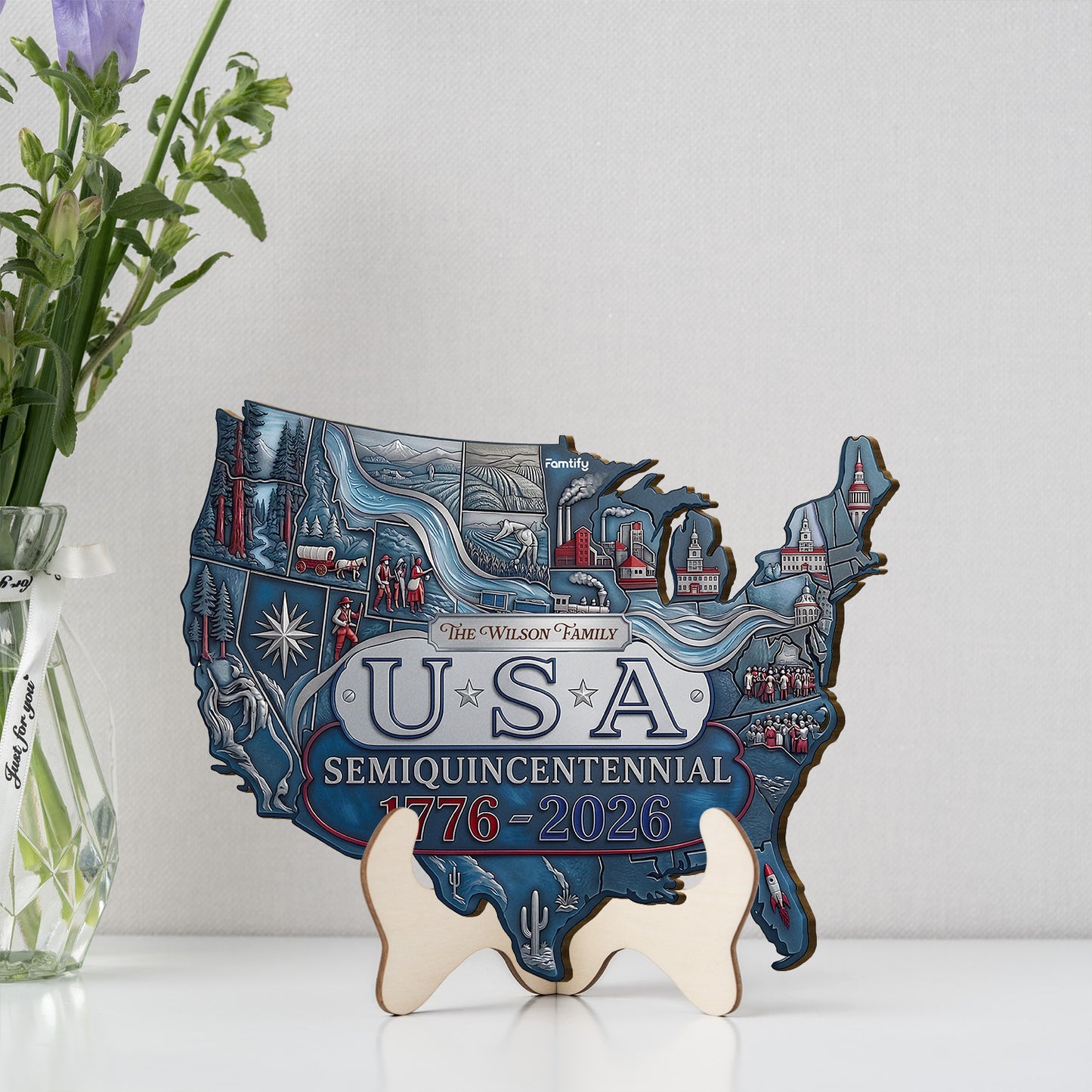 USA 250th Anniversary License Plate Wooden Sign – Personalized Semiquincentennial Double Layer Plaque – Patriotic Family Wall Art
