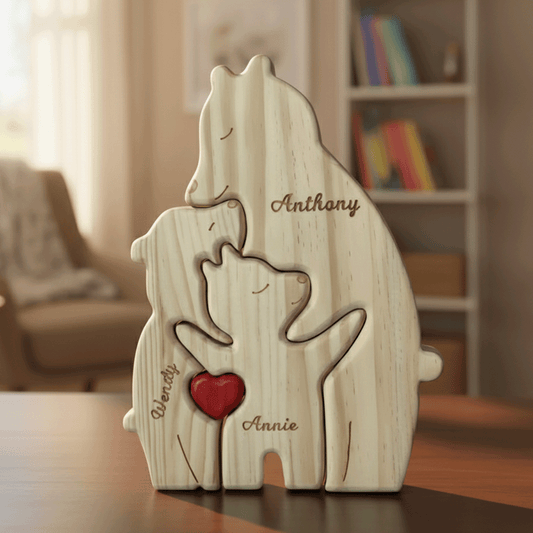 Wooden bear family puzzle of three with engraved names and a red heart