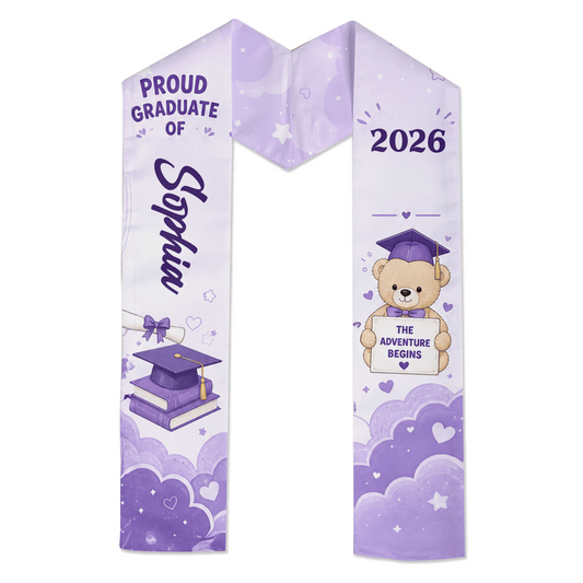 Personalized The Adventure Begins Purple Kid Graduation Stole - Custom Name