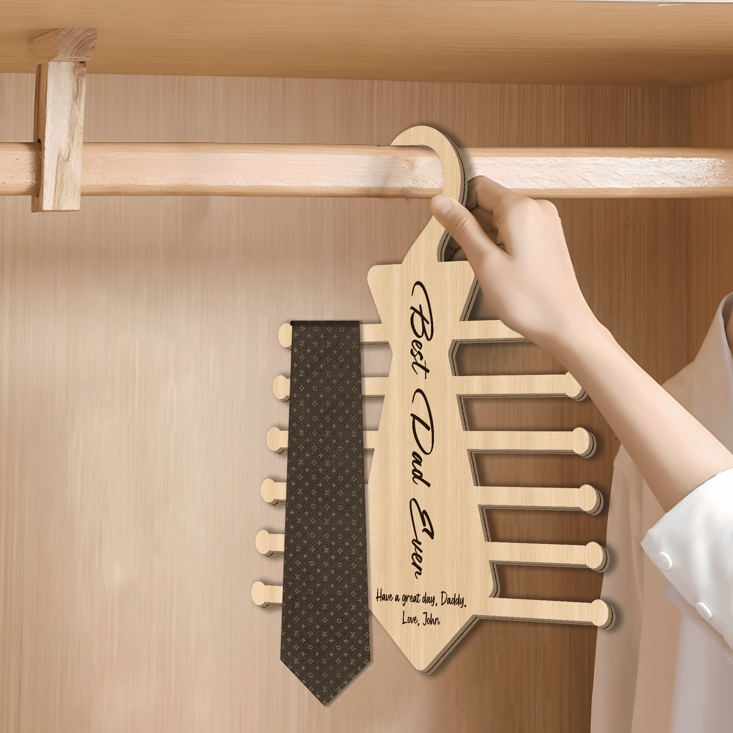 Personalized Tie Hanger for Dad – “Best Dad Ever” Wooden Organizer Gift