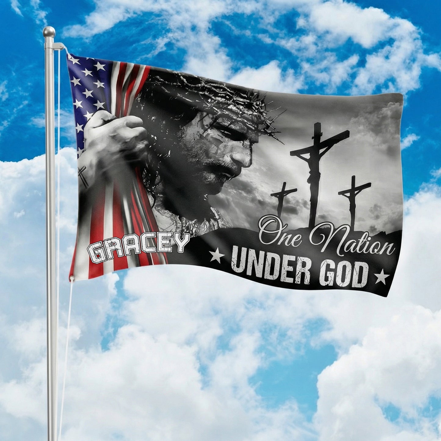 One Nation Under God With Family Name - Personalized Banner House Flag