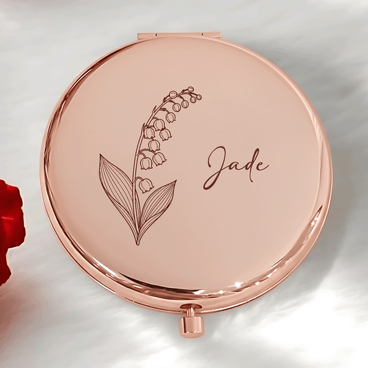 Rose gold compact mirror engraved with lily of the valley birth flower and custom name