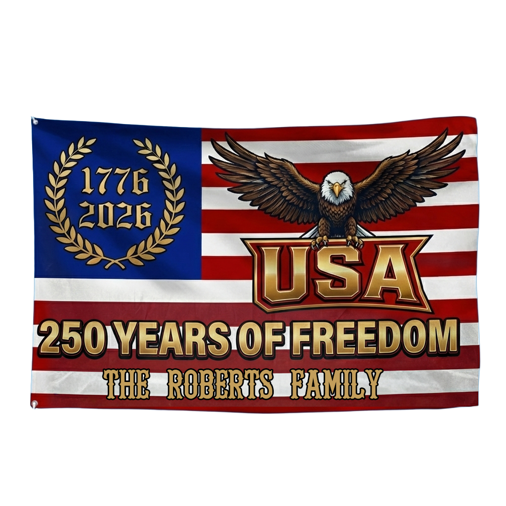 Custom Family Name 250 Years Of Freedom Eagle Patriotic 1776–2026 Banner House Flag