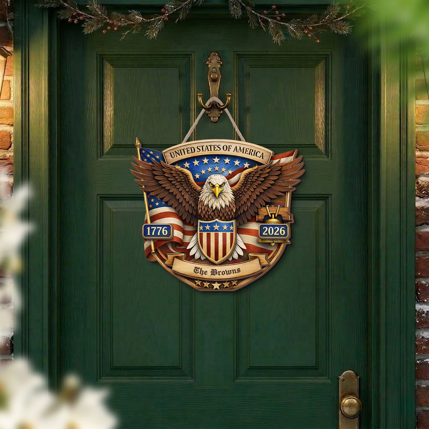 Personalized USA 250th Anniversary 2-Layer Wood Sign – Patriotic Eagle Emblem 1776–2026 Custom Family Name Door Decor