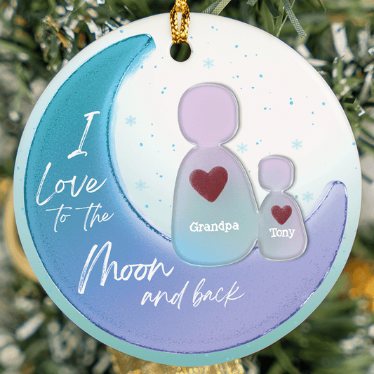 Blue crescent moon ornament with a grandpa and grandchild figure, names and I Love You to the Moon and Back