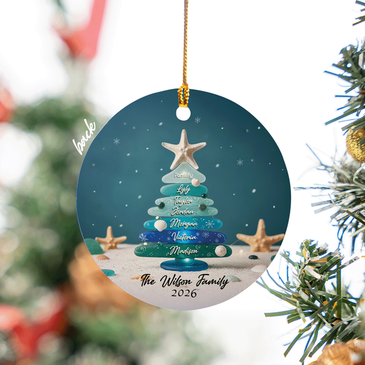 Sea glass family name tree ceramic ornament on a white background