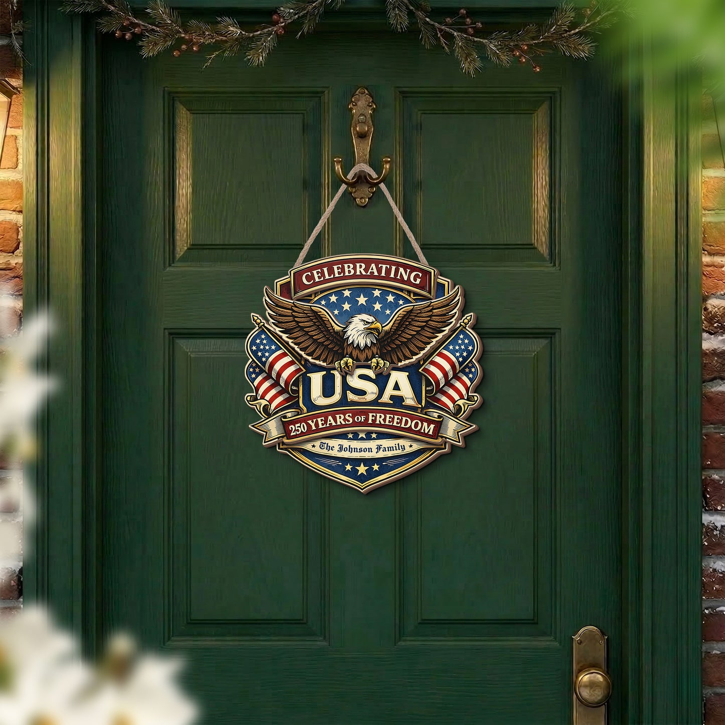 Personalized USA 250 Years of Freedom 2-Layer Wood Sign – Patriotic Eagle 1776–2026 Independence Anniversary Door Decor