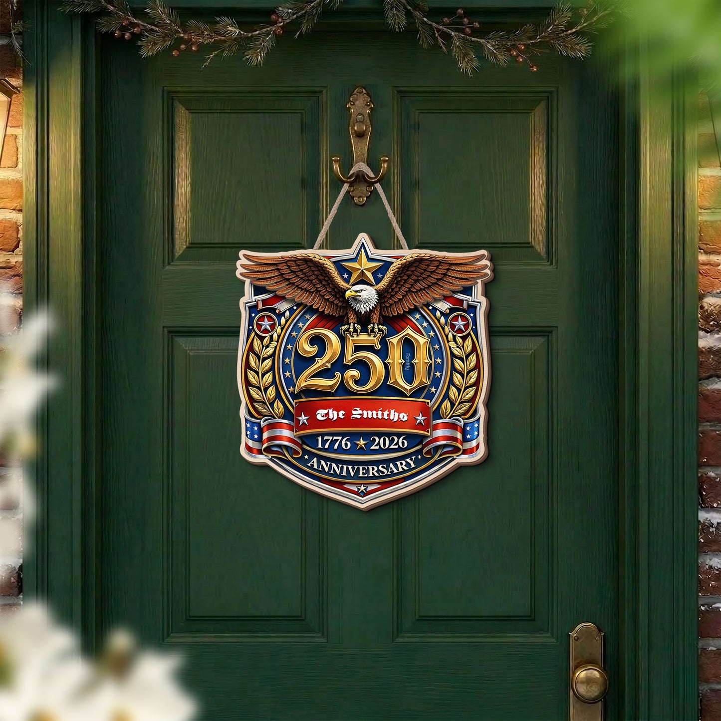 Personalized USA 250th Anniversary 2-Layer Wood Sign – Patriotic Eagle Emblem 1776–2026 Custom Family Name Door Decor