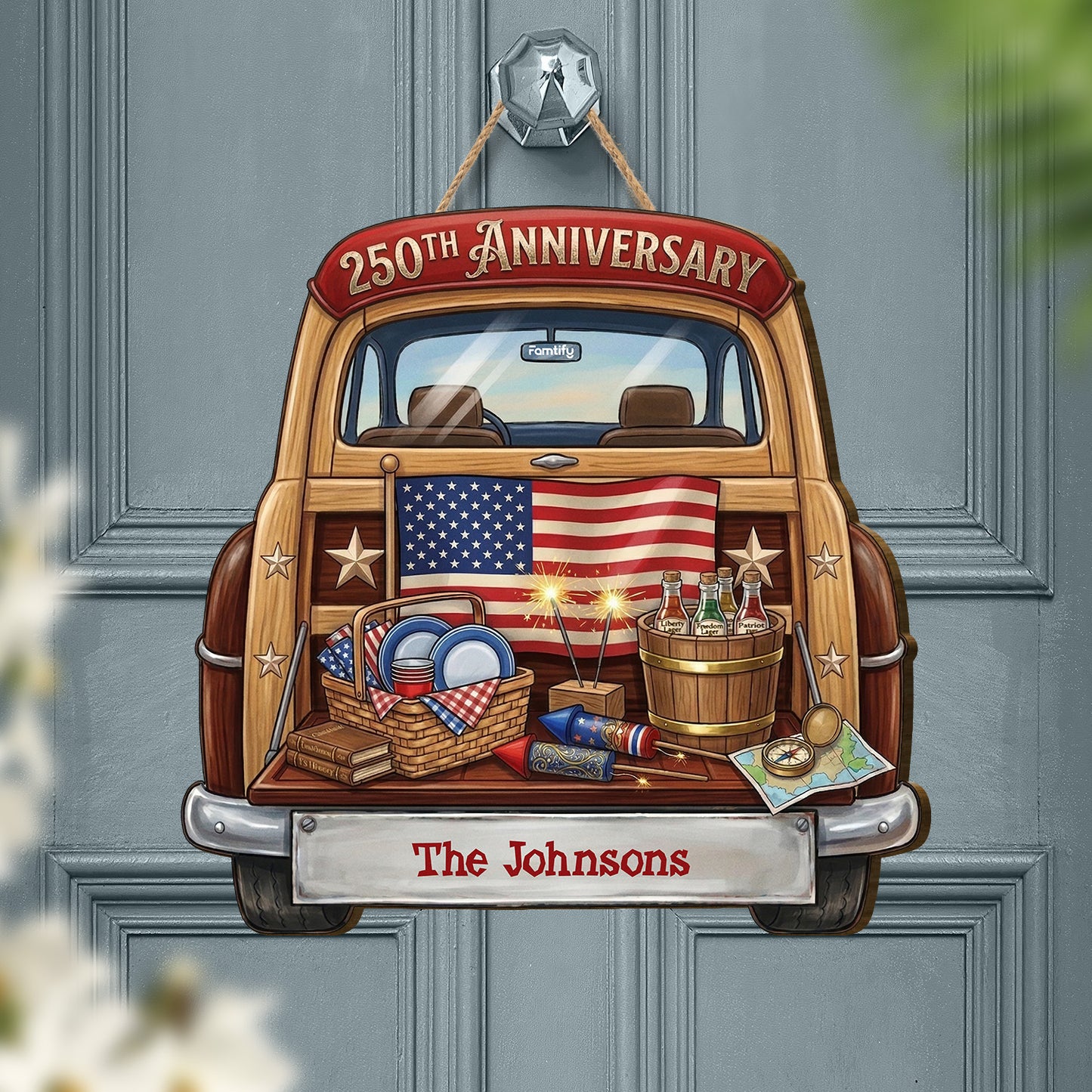 Personalized Red Truck 250th Anniversary Wooden Sign – Custom Family Name Patriotic Decor – 4th of July Gift for Family Door Sign
