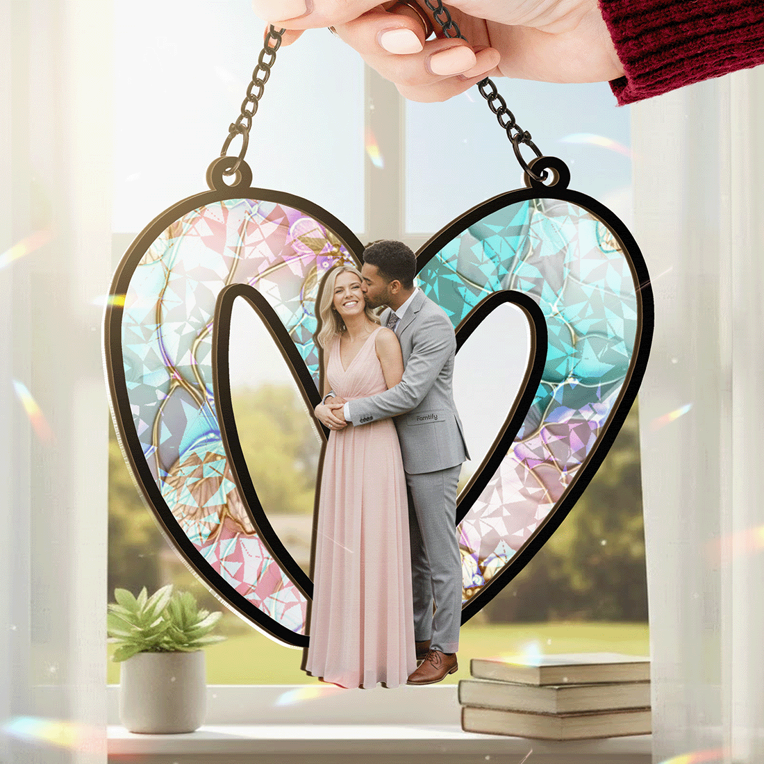 Two Hearts, One Love – Romantic Photo Gift for Couples – Personalized Heart Couple Photo 2-Layer Stained Glass Suncatcher
