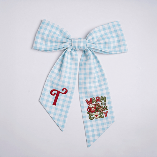 Custom Letter Warm and Cozy Embroidered Linen Wreath Sash, Personalized Monogram Christmas Winter Bow Sash for Front Door Decor
