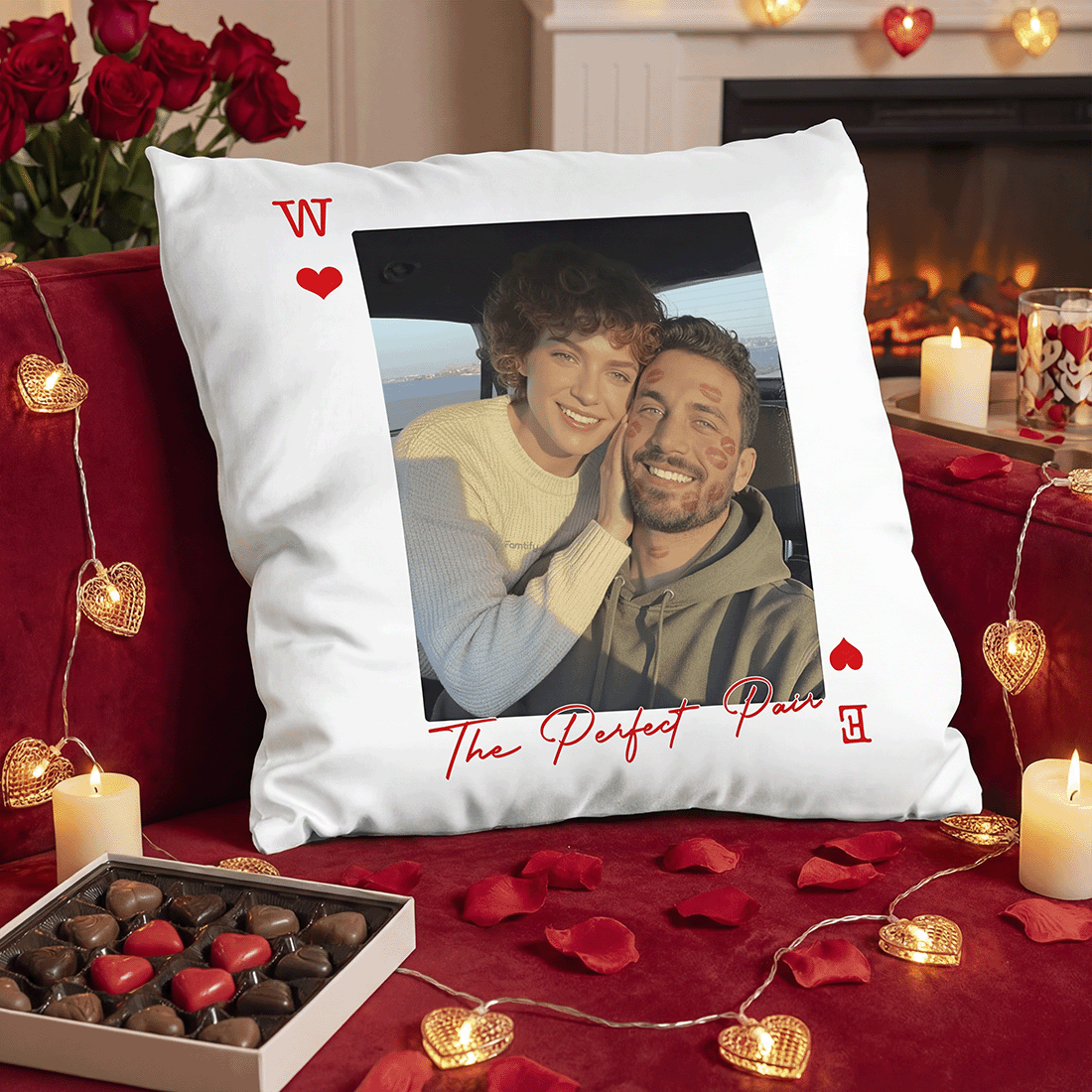 King & Queen of Hearts – Romantic Home Gift for Couples – Personalized Couples Photo Pillowcase