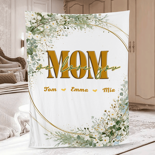 Hanging blanket with greenery wreath, gold MOM we love you lettering and three custom names