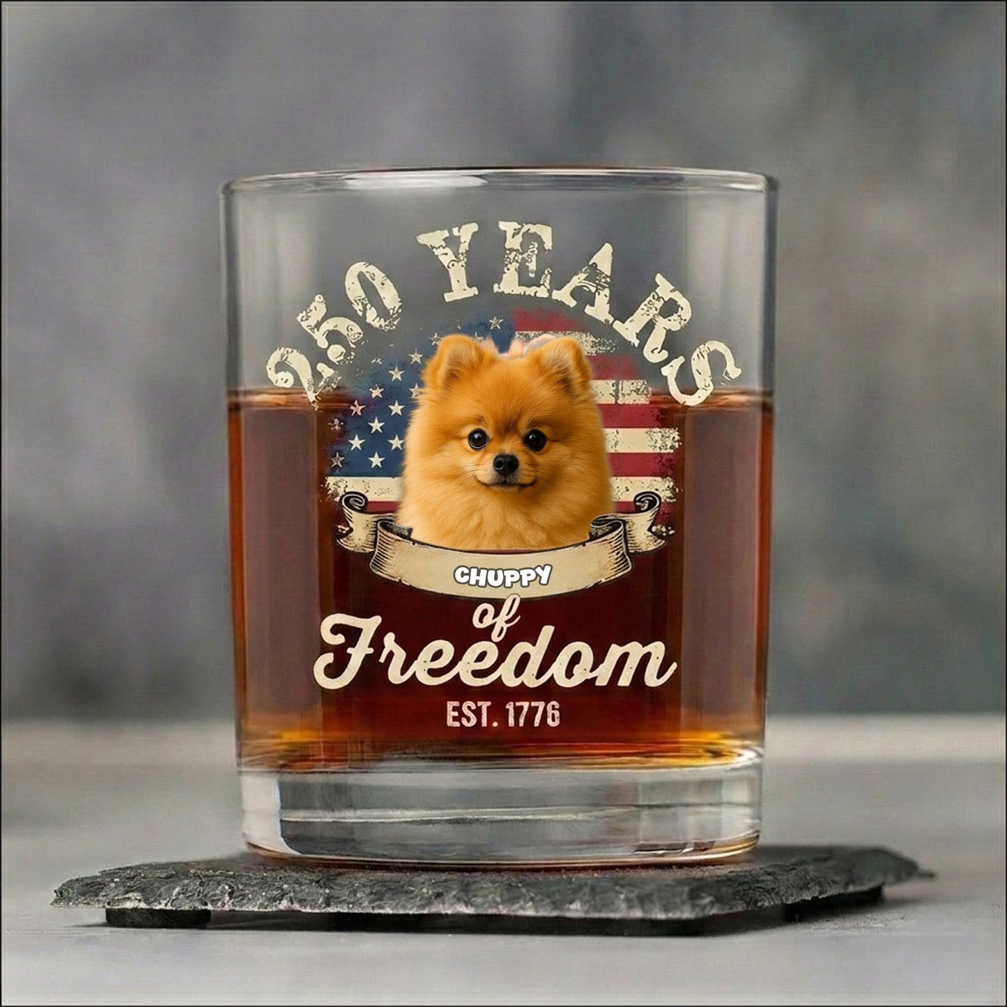 Custom Dog Photo 250 Years of Freedom EST. 1776 Whiskey Glass