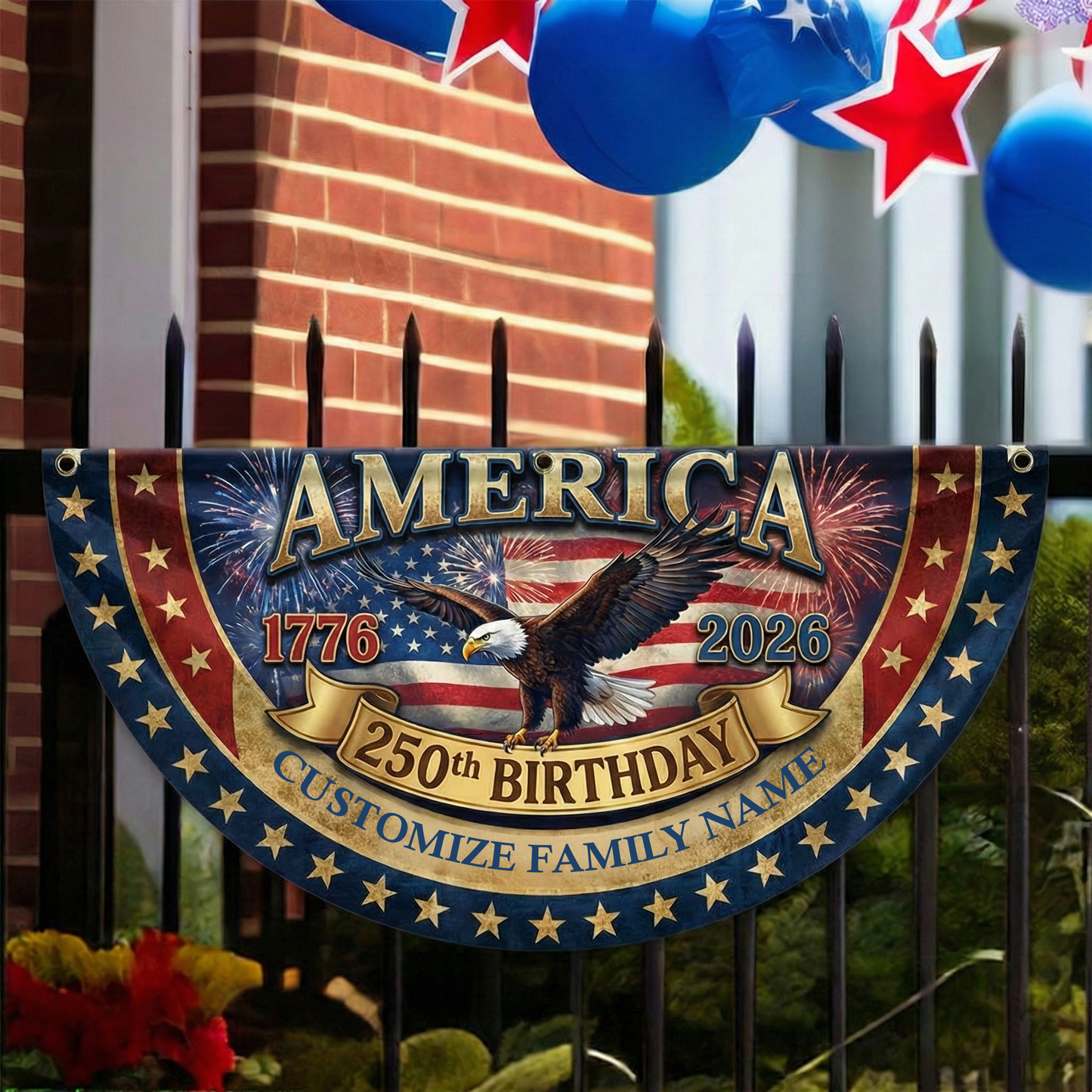 Custom Family Name America 250 Birthday 1776-2026 Non-Pleated Fan Flag