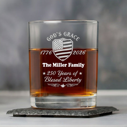 Custom Family Name Patriotic American, 250 Years of Blessing God Whiskey Glass