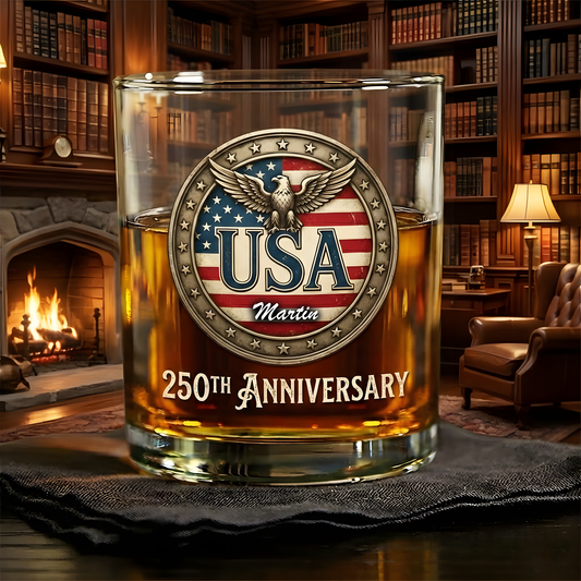 Custom Name USA 250th Anniversary 1776-2026 Engraved Whiskey Glass Independence Day Gift