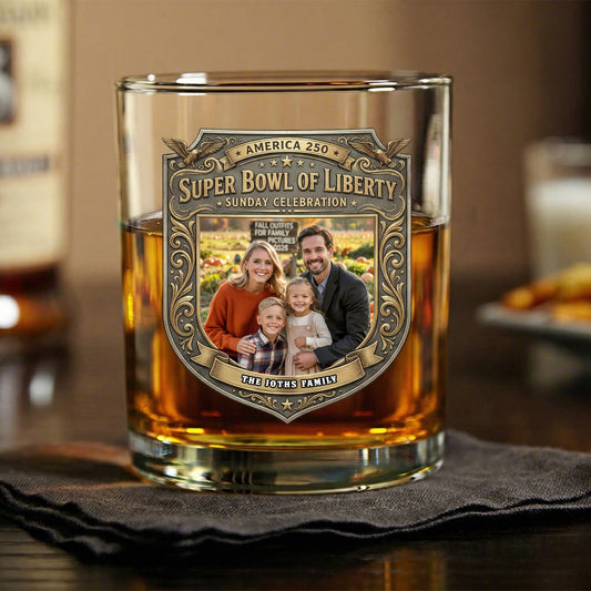 Custom Photo Super Bowl Of Liberty America 250th Anniversary Whiskey Glass Gift For Family