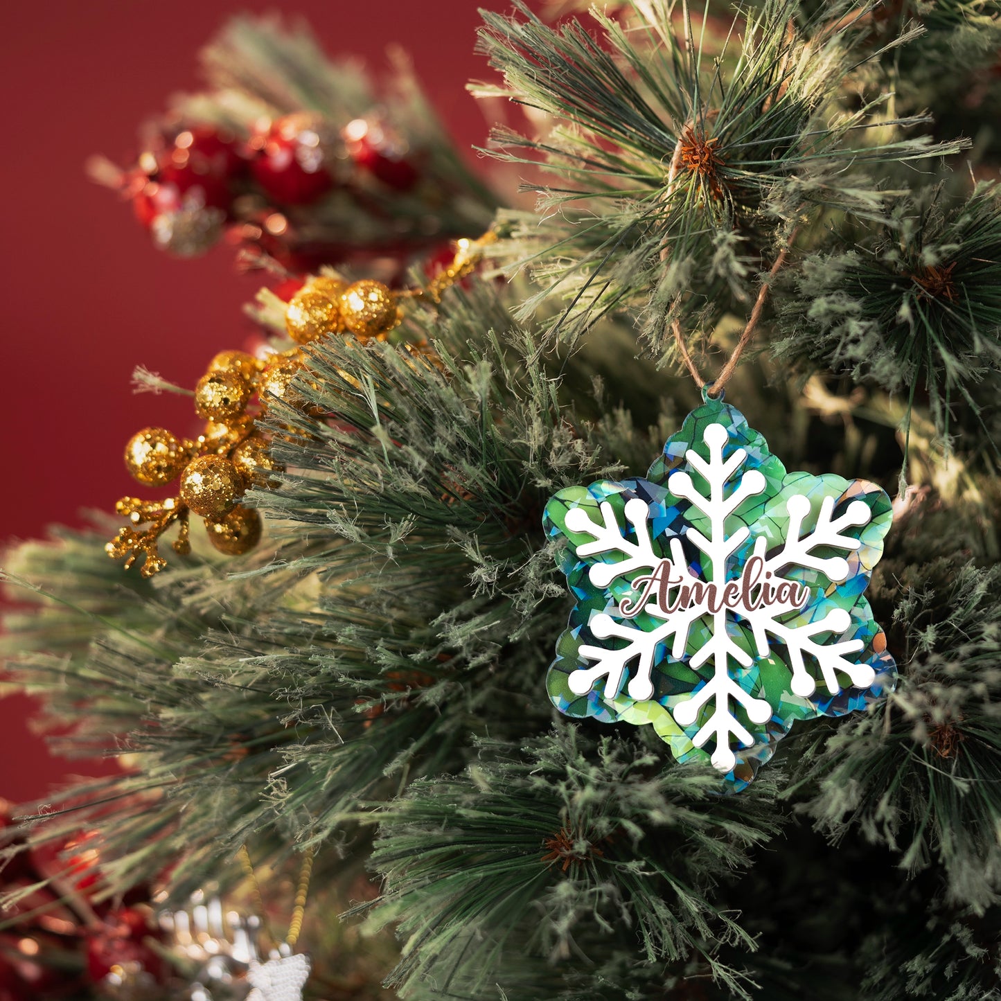 Personalized Snowflake Ornament - Layered Wood & Hologram Acrylic Christmas Tree Decor