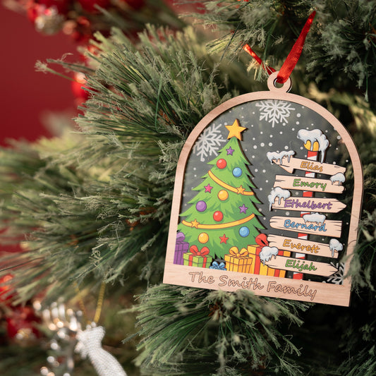 Family signpost tree ornament hanging on a flocked tree