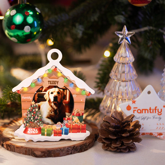 Christmas dog house ornament on a wood slice beside a Famtify tag