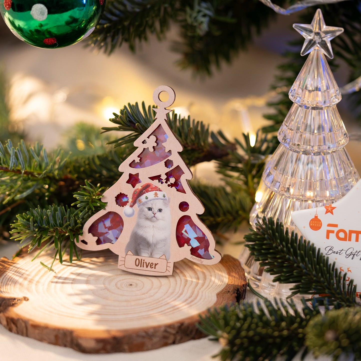 Cat and Christmas Tree - Custom Wood and Hologram Ornament for Cat Lovers Christmas Gift