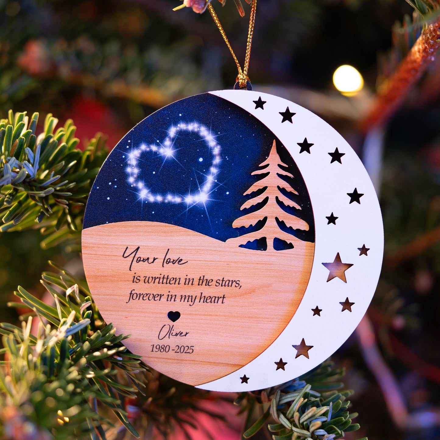 Your Love Is Written in the Stars, Forever in My Heart – Custom 3-Layered Wood Ornament for Memorial Gift