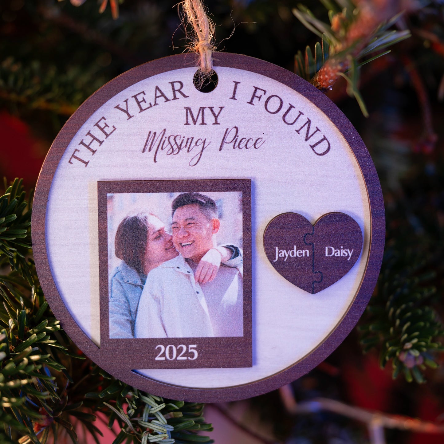 Personalized Couples Ornament – “The Year I Found My Missing Piece” 2-Layer Wooden Keepsake