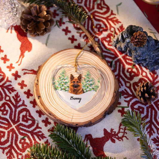 Heart pet photo glass ornament on a wood slice on a Nordic cloth