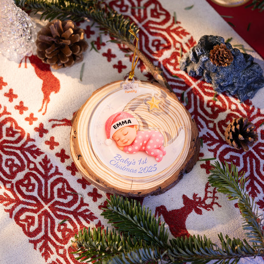 Baby on the moon ornament on a wood slice on a Nordic cloth
