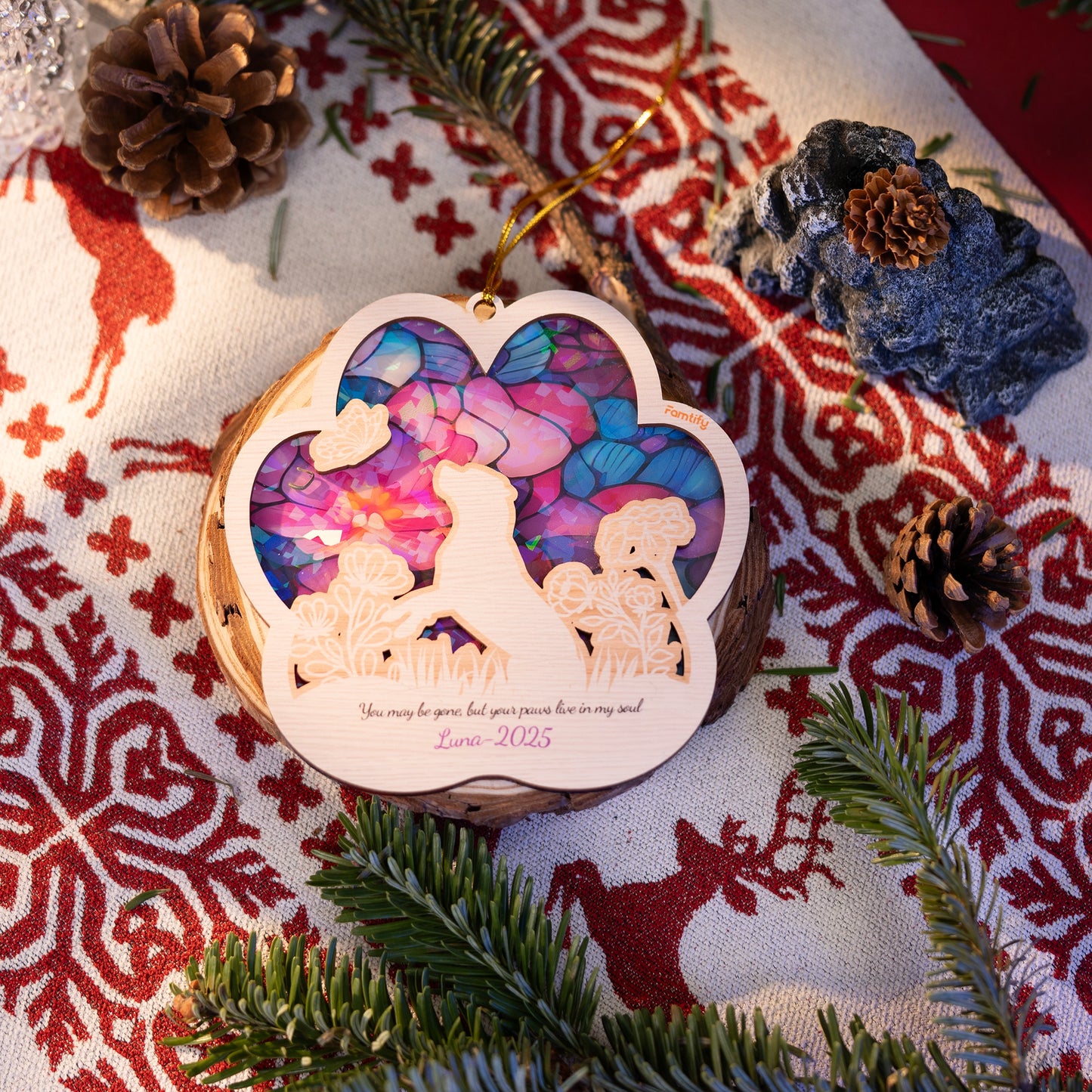 Your Paws Live in My Soul - Custom Wood and Hologram Acrylic Memorial Ornament