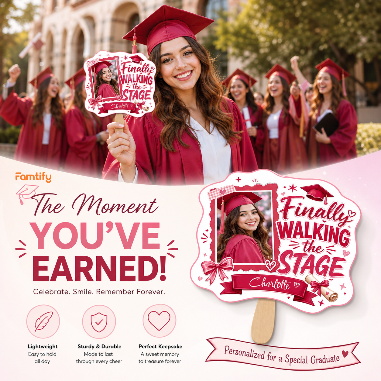 Personalized Finally Walking the Stage Custom Shape Photo Hand Fan, Graduation Fan with Photo & Name
