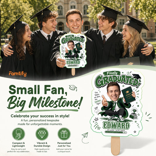 Finally Graduated Custom Shape Photo Hand Fan with Photo, Name Graduation Party Fan