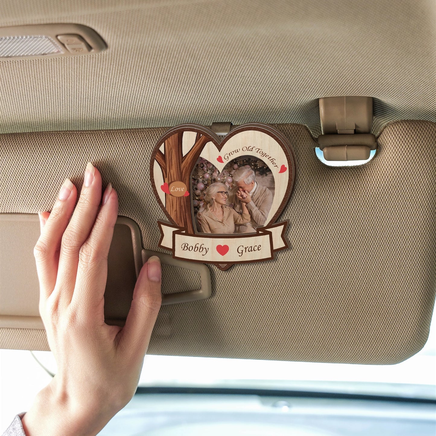 Grow Old Together – Wedding & Anniversary Car Gift for Couples – Personalized Heart-Shape Photo 2-Layer Wooden Car Clip