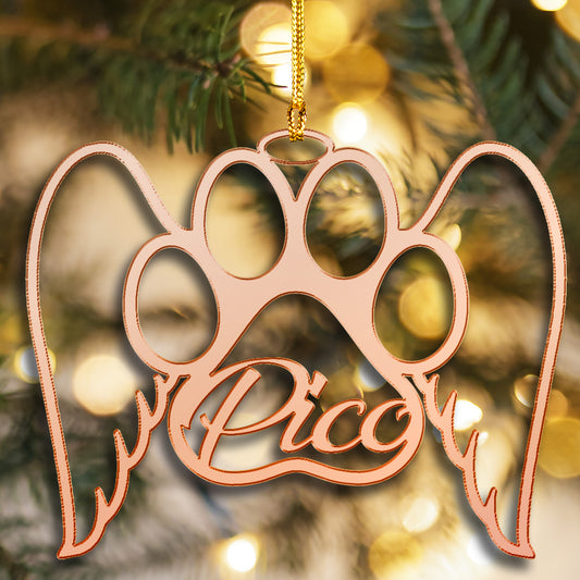 Rose gold mirrored angel wings paw memorial ornament with a pet name