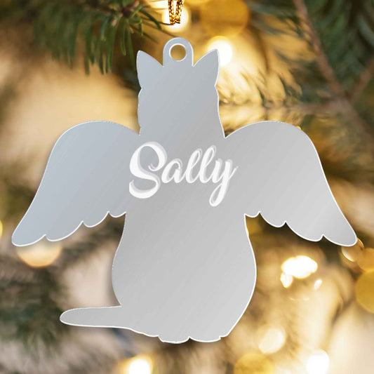 Silver mirrored cat with angel wings memorial name ornament