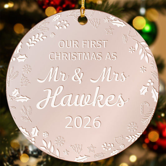 Rose gold mirrored Our First Christmas as Mr and Mrs name ornament
