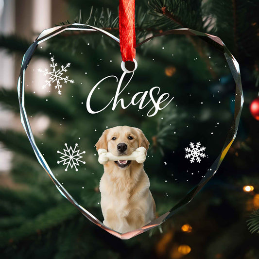 Heart glass ornament with a custom dog photo, the pet name and snowflakes