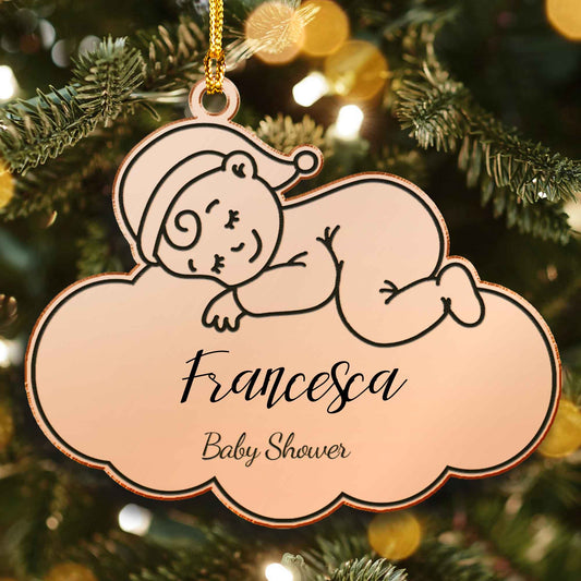 Rose gold mirrored baby on a cloud name ornament