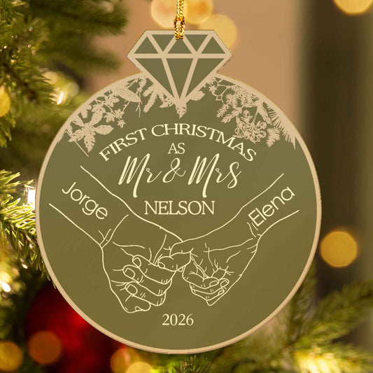 Gold mirrored acrylic First Christmas as Mr & Mrs ornament with diamond top, custom names and the year