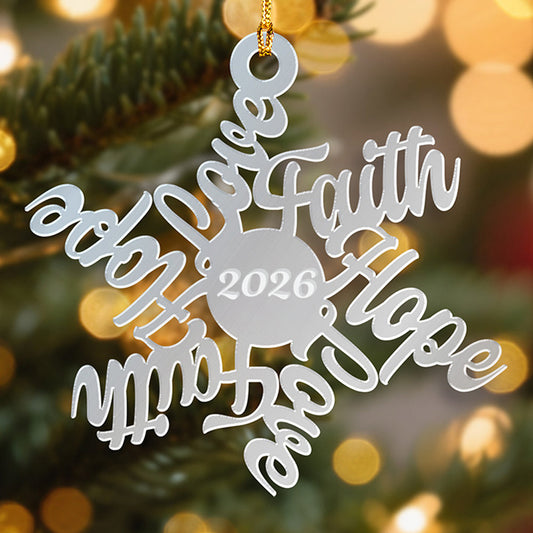 Silver mirrored Love Hope Faith snowflake ornament