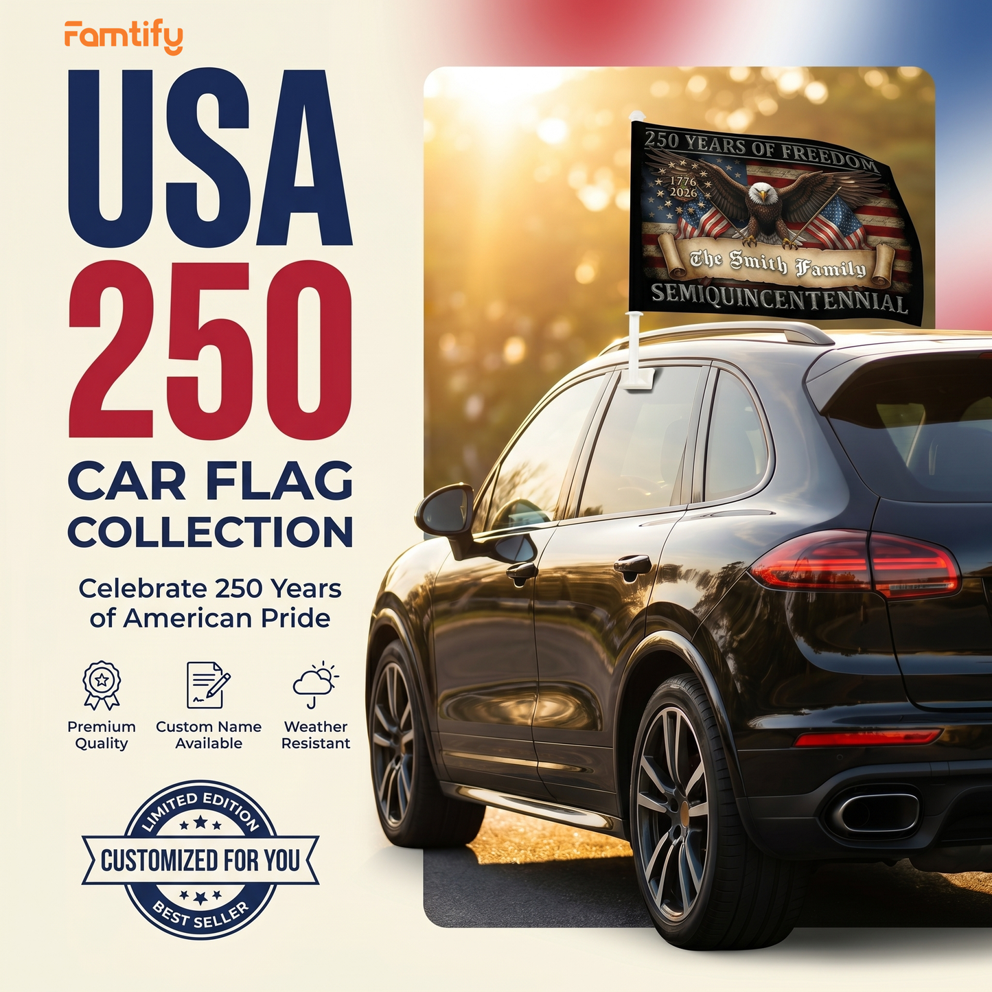 250 Years of Freedom Eagle Car Flag – Personalized Patriotic USA Flag 1776–2026