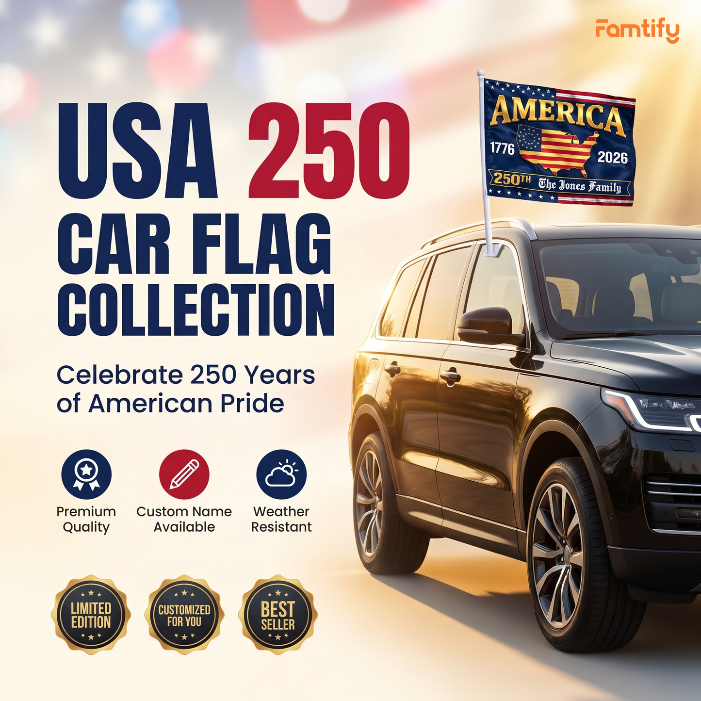 America 250th Anniversary Car Flag – Personalized Patriotic USA Flag 1776–2026