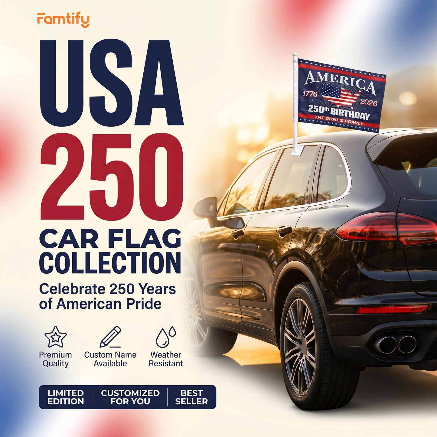 America 250th Birthday Car Flag – Personalized Patriotic USA Flag 1776–2026