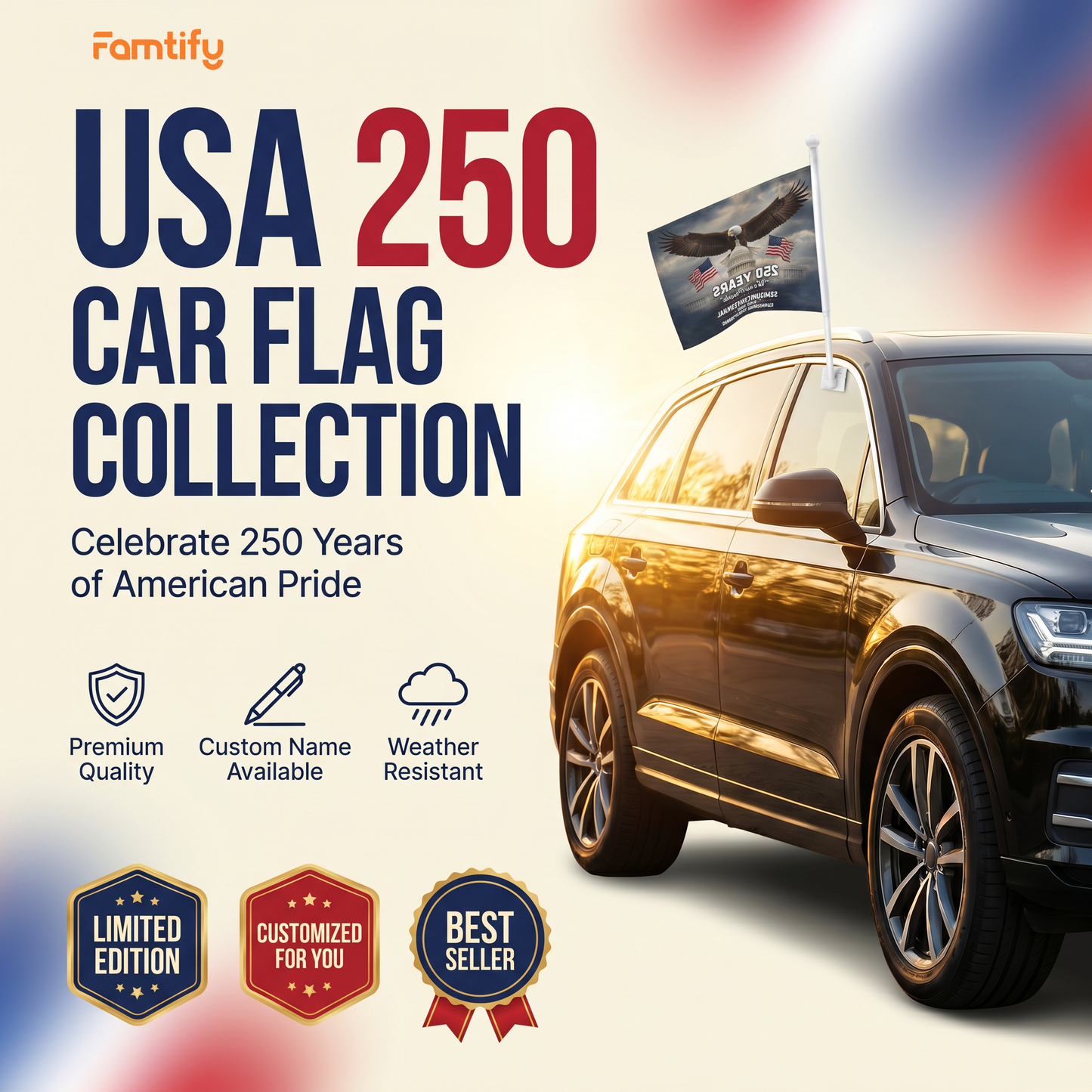 America 250 Semiquincentennial Car Flag – Personalized We The People Patriotic Flag 1776–2026