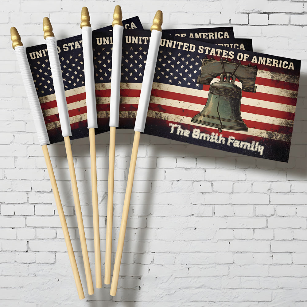 Personalized Liberty Bell Handheld Flag – Patriotic Flag with Custom Family Name