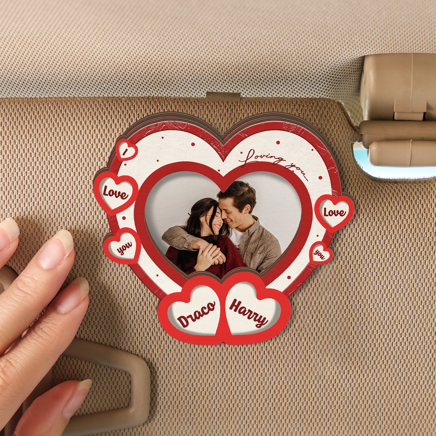 The Year I Found My Piece – Anniversary Car Gift for Couples – Personalized Heart-Shape Photo 2-Layer Wooden Car Clip