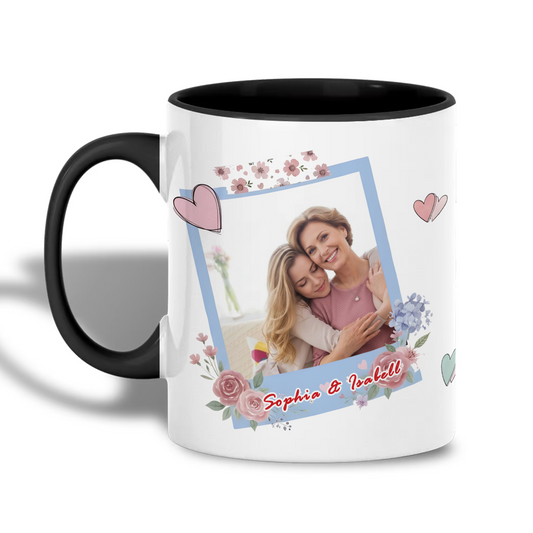 Personalized floral photo mug for Mom, closeup of custom photo