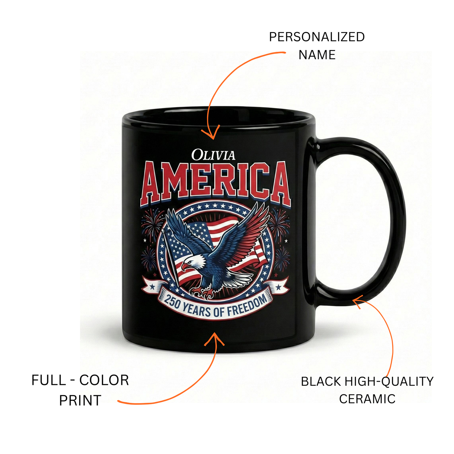 America 250 Years of Freedom Personalized Black Mug – USA 1776–2026 Patriotic Eagle Anniversary Mug