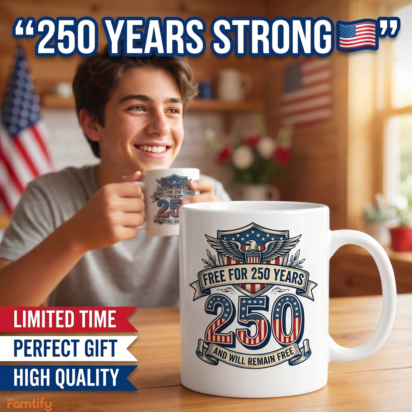Free for 250 Years America Personalized White Mug – USA 1776–2026 Patriotic 250th Anniversary Mug